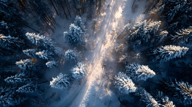 Snowy forest aerial capture, golden dawn rays and cinematic depth perspective