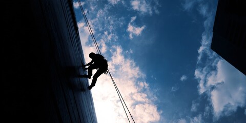 Worker cleaning windows of a skyscraper