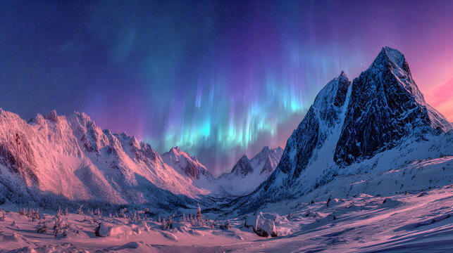 Snowy mountain landscape under aurora, panoramic HDR vibrance and calm serenity