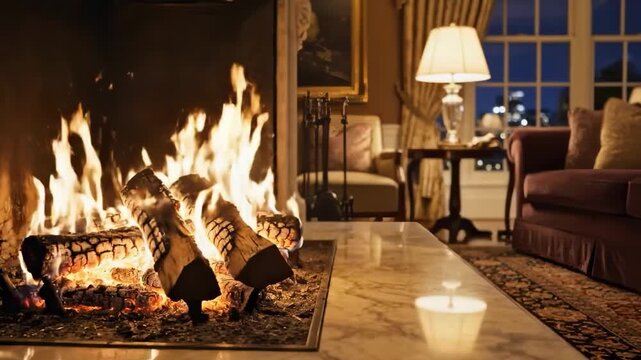 Warmth and Comfort Fireplace Scene with Logs Burning in a Cozy Living Room