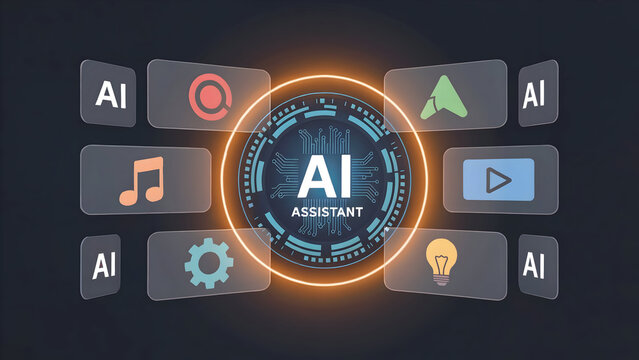 Artificial intelligence assistant concept with a central glowing AI logo and various application icons on a dark background