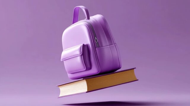 Purple backpack balancing on book against purple background