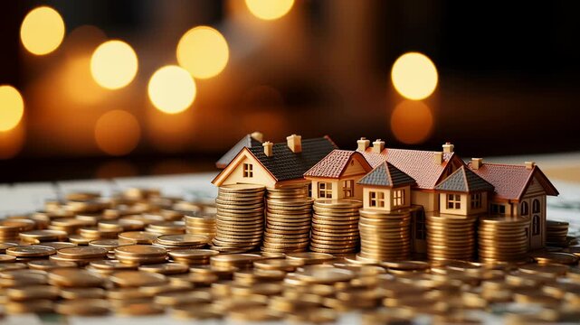 Miniature houses placed on stacks of gold coins illustrate investment opportunities in real estate. Warm bokeh lights create a financial theme, suitable for finance, real estate, investment firms