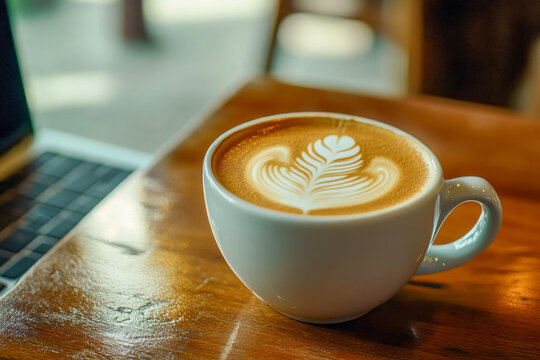 A steaming cup of coffee with a beautiful latte art design rests on a polished wooden table next to a laptop in a warm cafe setting