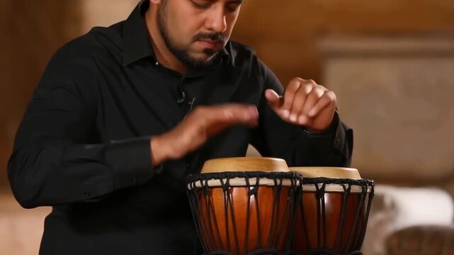 A man intently plays two bongos, creating rhythmic sounds. His hands move gracefully across the drumheads, producing the beats Stock Video