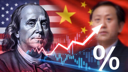 Benjamin Franklin portrait and Chinese businessman superimposed on US and China flags, illustrating economic cooperation and rising market trends.