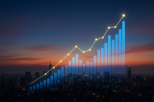 Glowing bar chart and line graph superimposed on a vibrant city skyline at dusk representing strong financial market growth and positive business performance