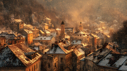 Village rooftops covered in golden snow, HDR panorama with nostalgic warmth