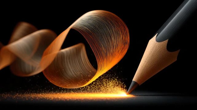 Abstract image of an orange ribbon-like form swirling around a black pencil, with sparks emanating from the point of contact