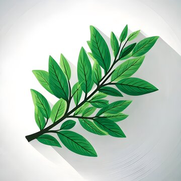 Green leafy branch with long shadow on white background.