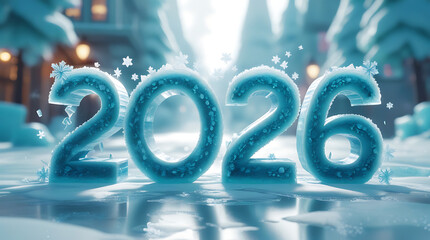 The year 2026 carved in sparkling blue ice on a snowy winter village background