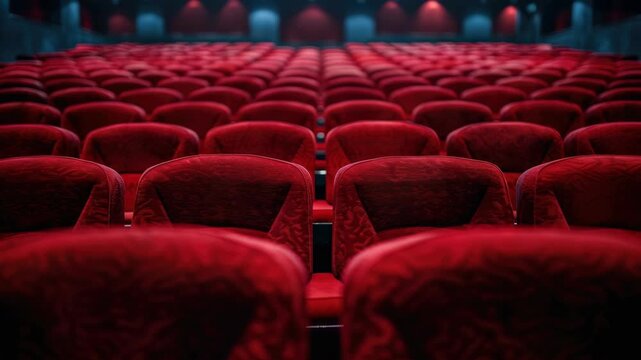 An empty movie theater filled with red velvet seats waiting for patrons.