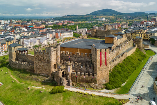 Aerial view of the historic Templar Castle in Ponferrada, Spain