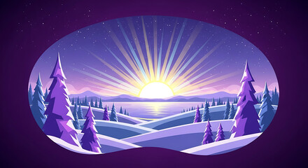Enchanting winter sunrise over a snow covered landscape with pine trees and a frozen lake