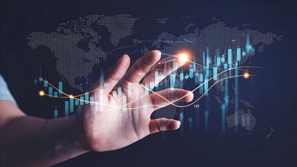 Businessman interacting with holographic global finance projection showing stock market graphs, trading charts, and investment data.