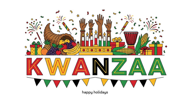 Vibrant kwanzaa celebration with kinara gifts and traditional symbols