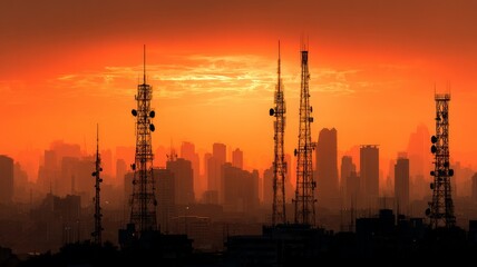 Vibrant sunset hues contrast with dark communication towers against city skyline. Clouds painted in shades of orange and pink create dramatic atmosphere. Neural network AI generated