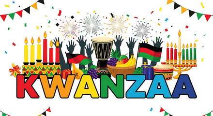 Vibrant kwanzaa celebration with kinara candles drums and african american cultural symbols