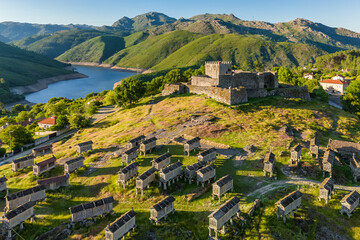 Aerial View of Lindoso Castle and Traditional Granaries in Portugal
