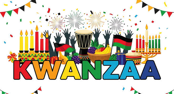 Vibrant kwanzaa celebration with kinara candles drums and african american cultural symbols - Powered by Adobe
