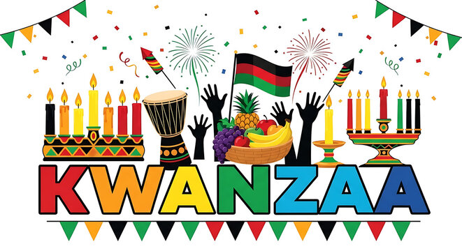 Vibrant kwanzaa celebration with kinara drums fruit and colorful decorations