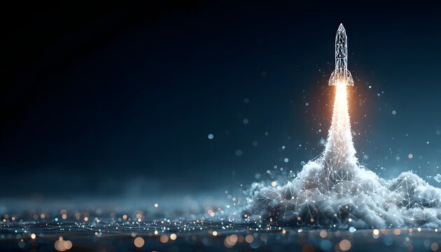 Digital illustration of rocket launch on dark blue tech background. Glowing connected dots, lines represent rapid growth concept. Low poly wireframe art digital growth with arrows up, abstract - Powered by Adobe