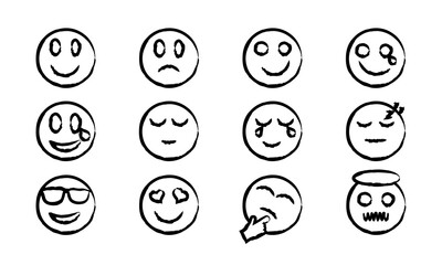 Set of hand-drawn emoji faces showing various emotions and expressions in black brush style on white background.