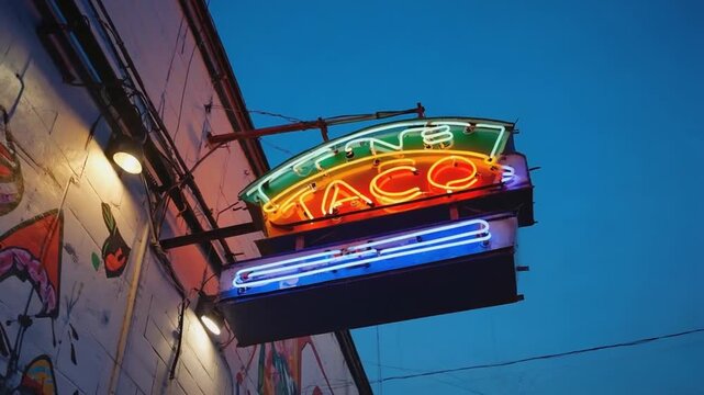 Neon sign of a taco. Mexican restaurant.