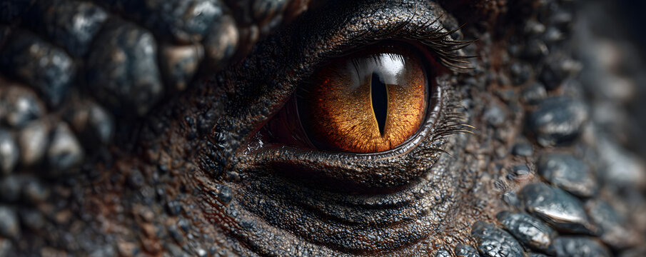 Close up of fearsome dragon eye glowing orange with slit pupil. Textured, scaly skin surrounds intense reptilian gaze. Mythical creature looks out from dark, exuding power, danger. Magnificent beast.