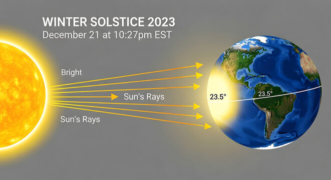 Winter solstice 2023 earth and sun diagram illustrating tilted axis and sunlight angle