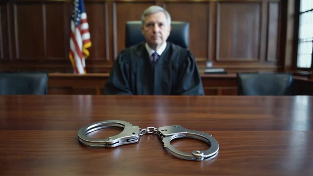 Handcuffs in a courtroom. Judge and defendant.