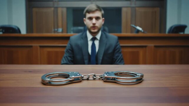 Handcuffs in a courtroom. Judge and defendant.