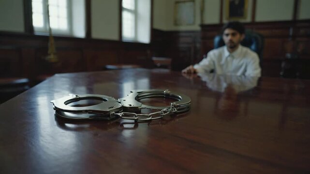 Handcuffs in a courtroom. Judge and defendant.