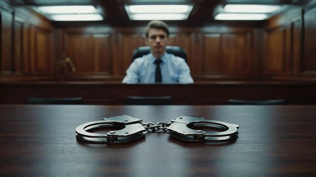 Handcuffs in a courtroom. Judge and defendant.