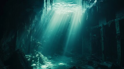 Sunlight pierces through seawater illuminating delicate coral formations below. Vivid turquoise hues contrast shadows creating serene underwater ambiance. Neural network AI generated