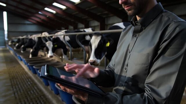 A farmer using a digital tablet to monitor cows in the barn. Cows are standing in a row in a clean environment.  Stock Video
