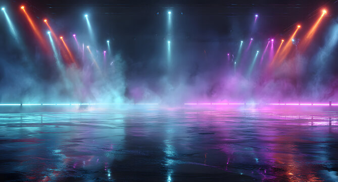 Empty stage background, neon glow, disco