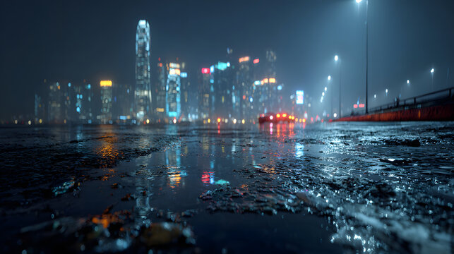 Rain and snow falling on wet asphalt at night, creating reflections of city lights and buildings, with puddles and glistening surfaces, capturing a serene urban atmosphere.