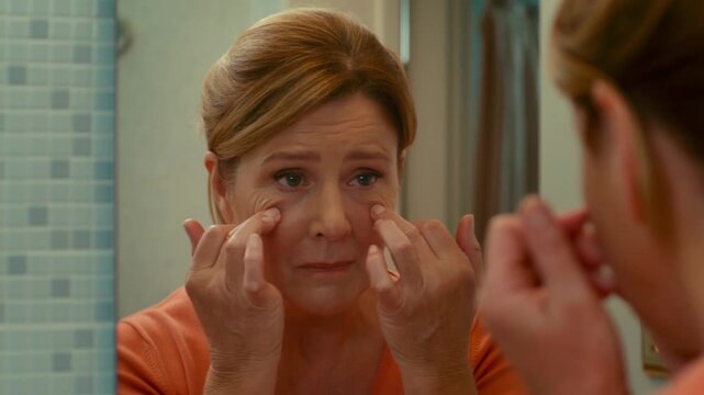 A woman looking at herself in the mirror, deep in thought, with a sad expression. She is touching her face, likely contemplating her appearance or emotional state Stock Video