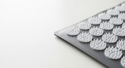 Acupuncture mat for relaxation and acupressure lies on a white surface for a clean wellness concept