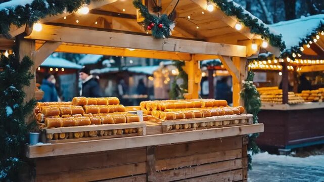 K&uuml;rtőskal&aacute;cs stall at a Christmas market.