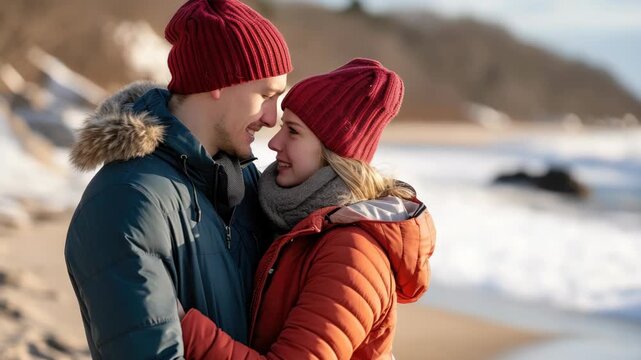 A man and woman share a tender moment by the water's edge.