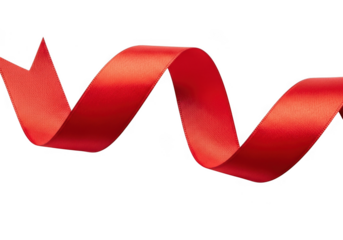 A vibrant red satin ribbon gracefully curves and twists, isolated on a clean transparent background, evoking a sense of celebration and elegance