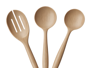 Collection of three natural wood grain kitchen tools, including a slotted spoon and two solid serving spoons, isolated object.