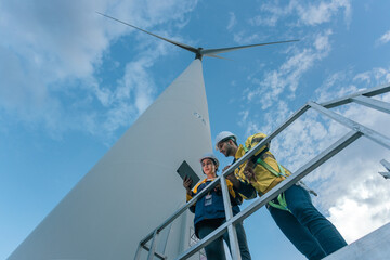 Engineers in safety gear inspecting wind turbine from platform, using digital tablet under blue sky, symbolizing clean energy technology, fieldwork collaboration and renewable power solutions.
