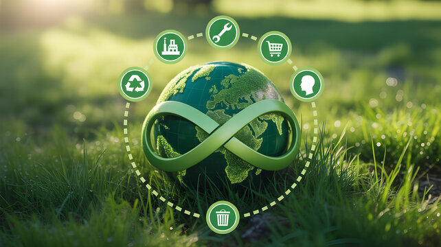 Circular economy model illustrating the Earth wrapped in an infinity loop surrounded by sustainability icons on natural grass.