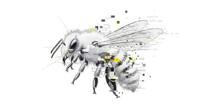 Stylized digital illustration of a honeybee disintegrating into pixelated fragments on a white background.