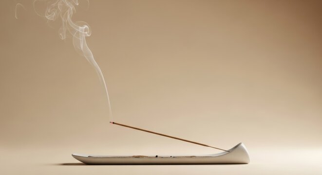 An aromatic incense stick is burning with smoke on a neutral background creating a calming and spiritual atmosphere