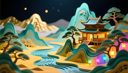 Obraz premium 3D rendering illustration of ancient Chinese traditional architecture historical and cultural ancient city