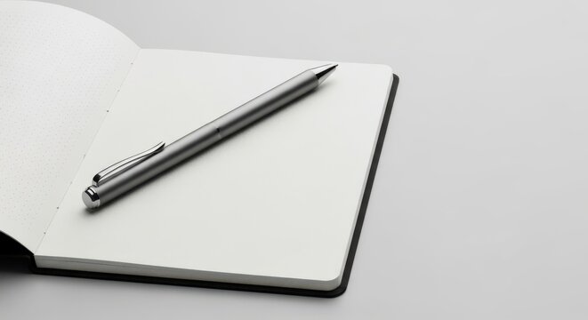 A silver pen rests on an open notebook with blank pages ready for your thoughts and creative ideas